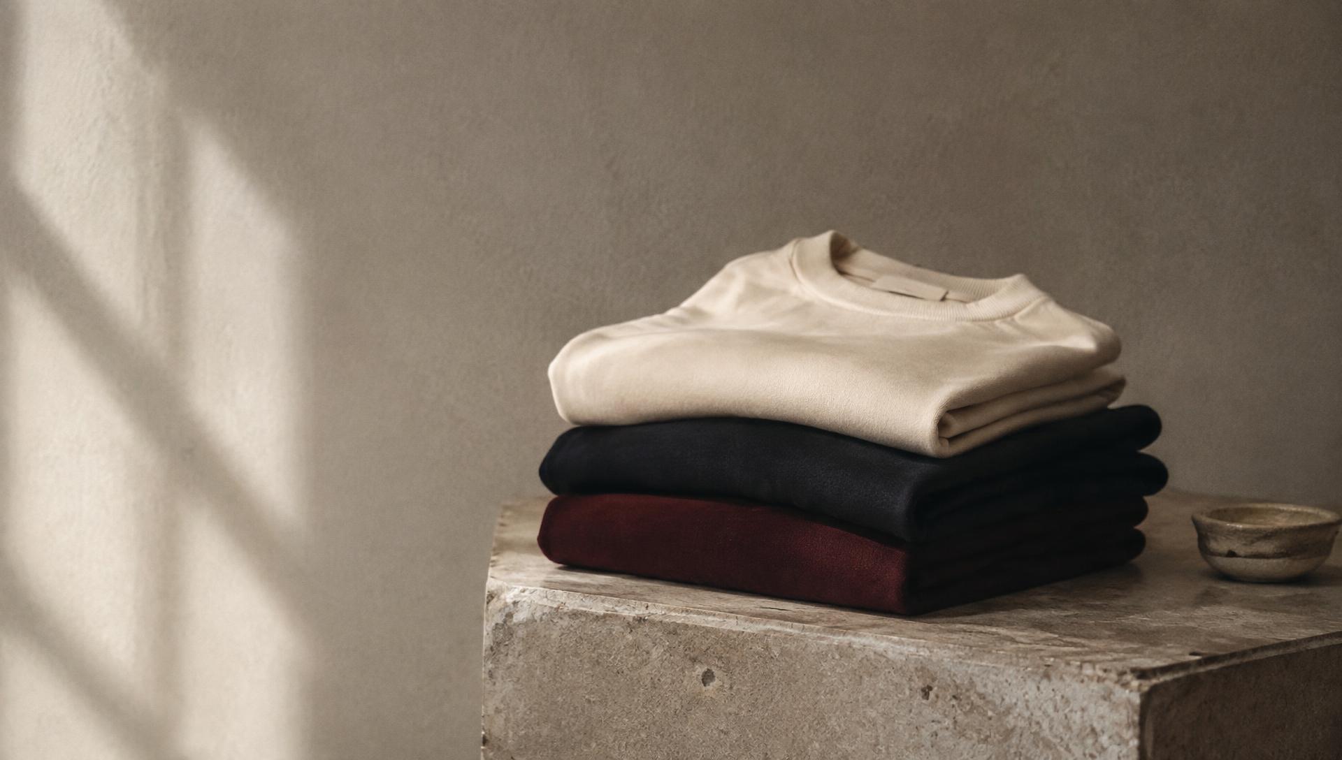 Folded pieces in Bone, Midnight and Oxblood on a stone plinth (placeholder image)